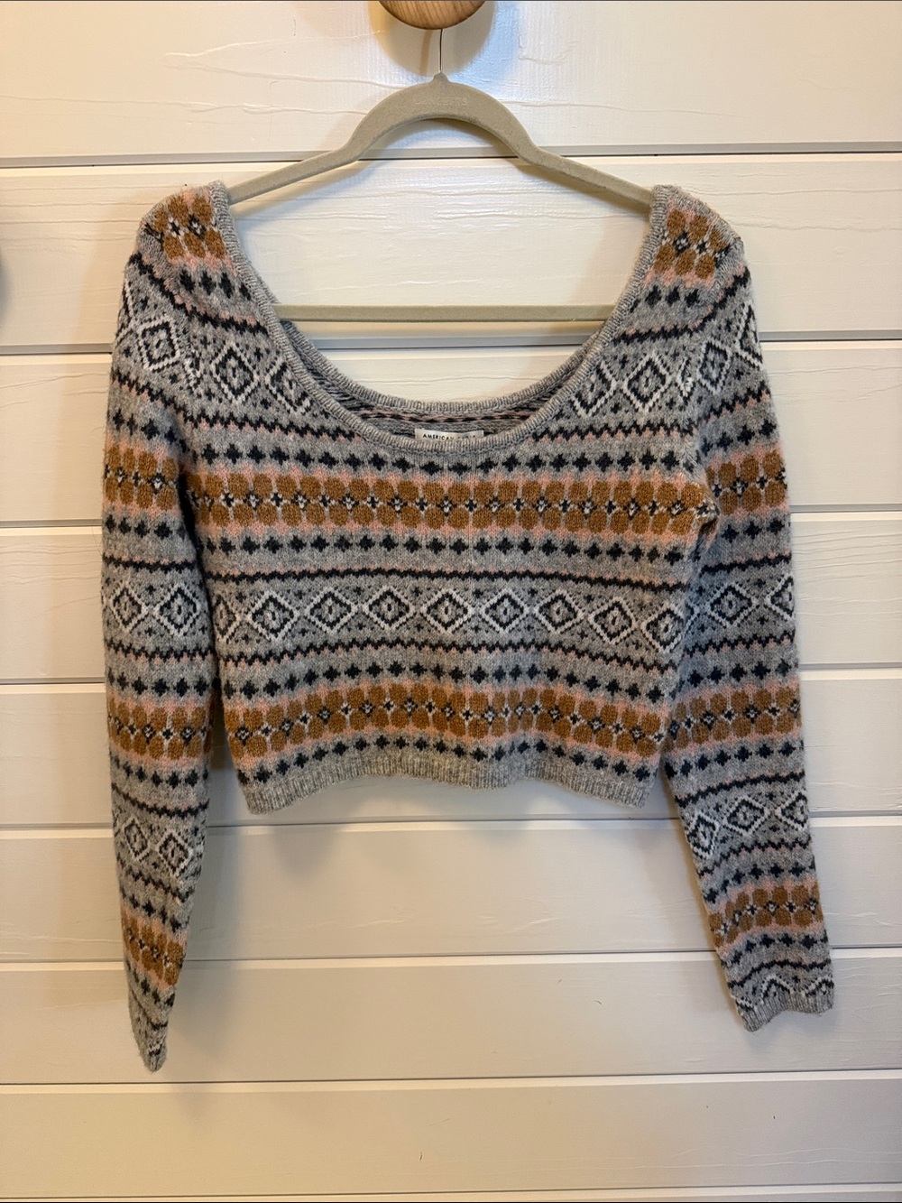American Eagle Cropped Fair Isle Sweater - Grey, Pale Pink and Mustard